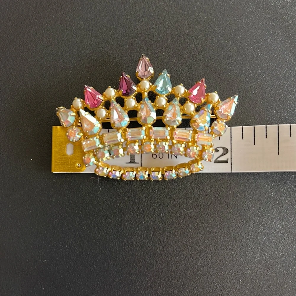 B.DAVID Signed Gold Tone Tiara Crown FauxPearl Aurora Borealis Iridescent Brooch